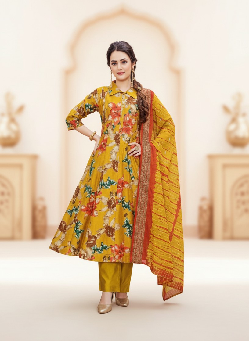 KATHAKALI 3PC CHURIDHAR - YELLOW FLORAL