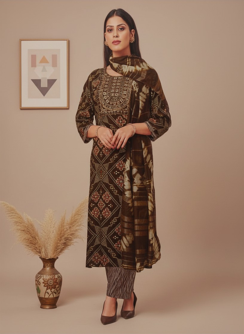 SABA 3PC CHURIDHAR - BROWN
